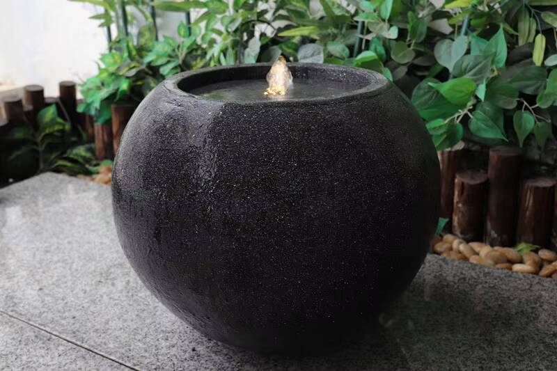 Concise Design Spherical Black Solar Fountain Fiber Stone with LED Lights for Outdoor Garden Decoration