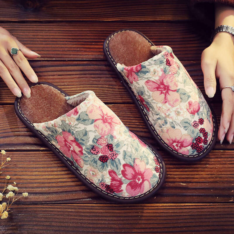 New Cotton Slippers National Style Warm Winter Linen Surface Home Use Couple Non-Smelly Feet Flat Soft Sole Non-Slip Maternity Shoes