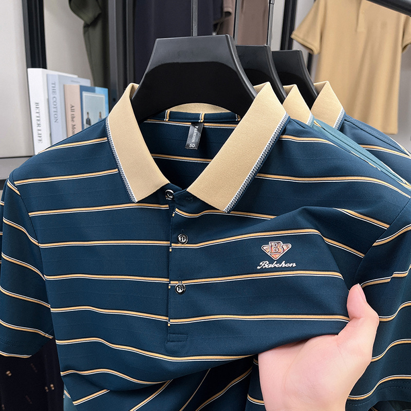 Luxury Brand Designer Clothes Business Casual Mens T-Shirt For Middle-Aged And Elderly Fathers Short Sleeve Striped Turn-Down Collar Base Shirt Summer
