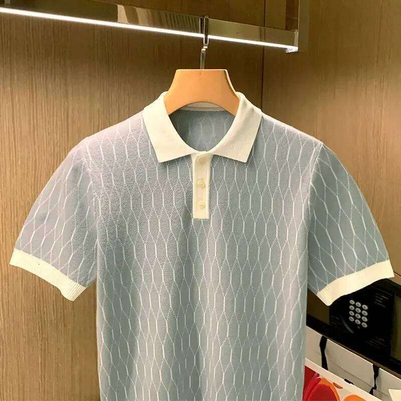 Summer Men Knitted Polo Shirts Short Sleeve Plaid T-Shirts Tops High Standard LEEGO LENS