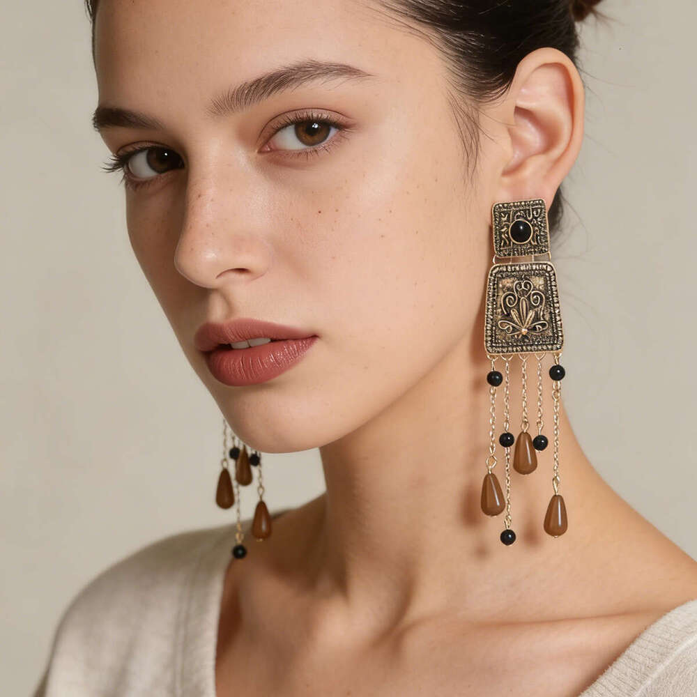 Cross-Border Light Luxury Retro Palace Style Geometric Floral Alloy Long Tassel Pendant Earrings Bohemian