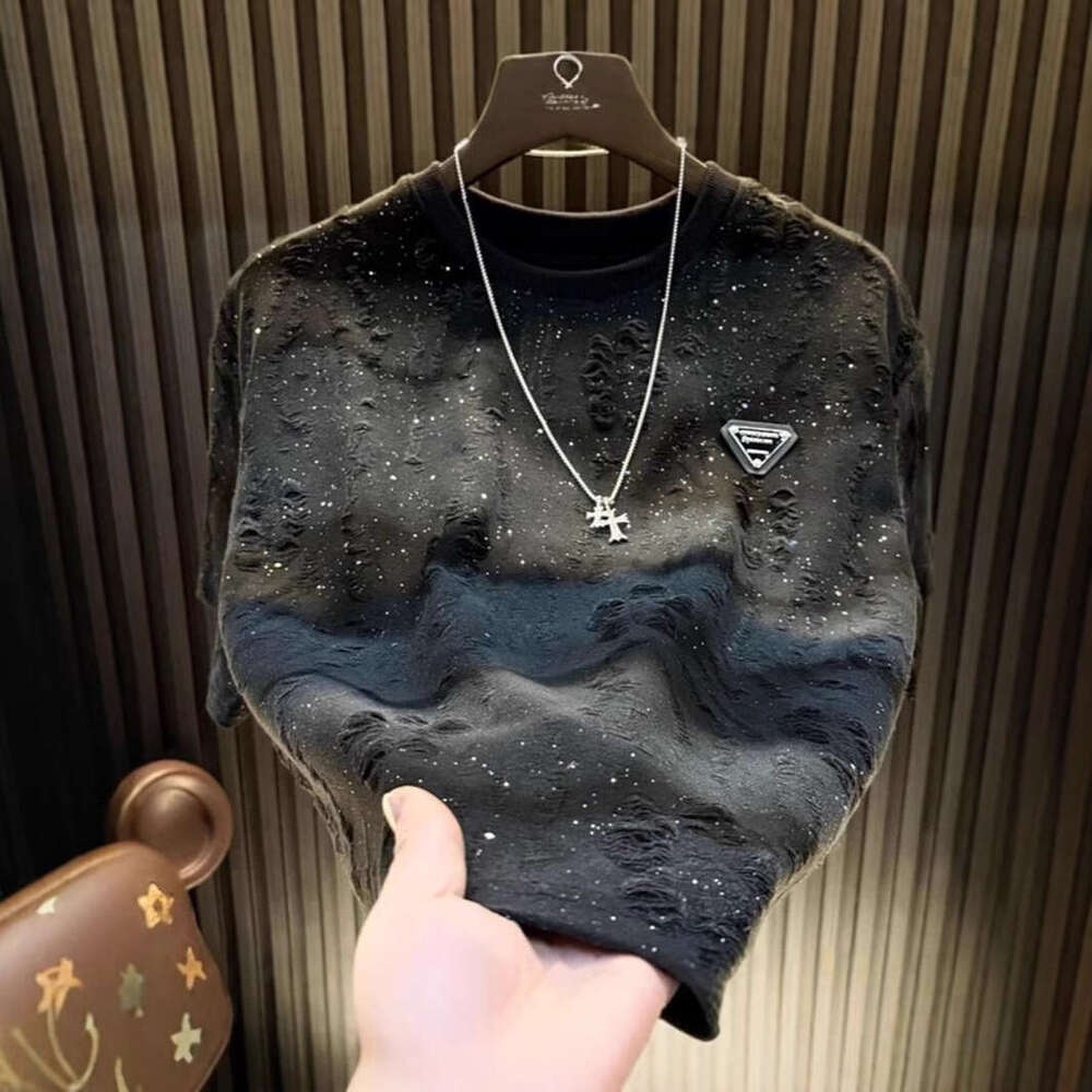 Ripped Starry Sky Men's Short Top Hot-Selling Light Luxury High-End Meteor Half Sleeve Round Neck Trendy Fashion