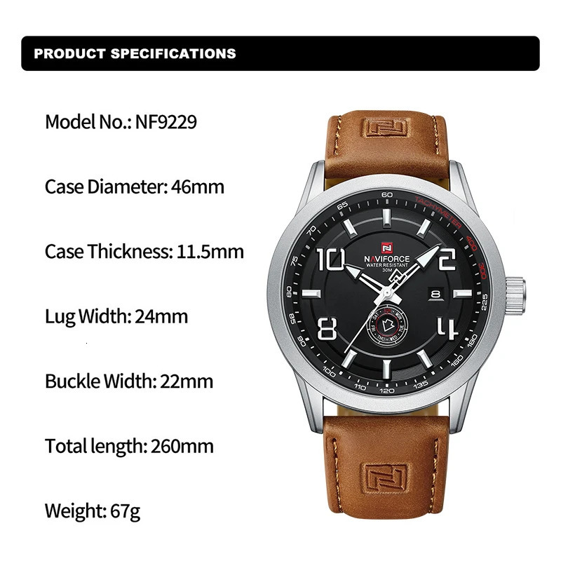 NAVIFORCE Trend Casual Wristwatch for Man Military Sports Water Resistant Leather Strap Mens Clock Quartz Calendar Male Watches 260114