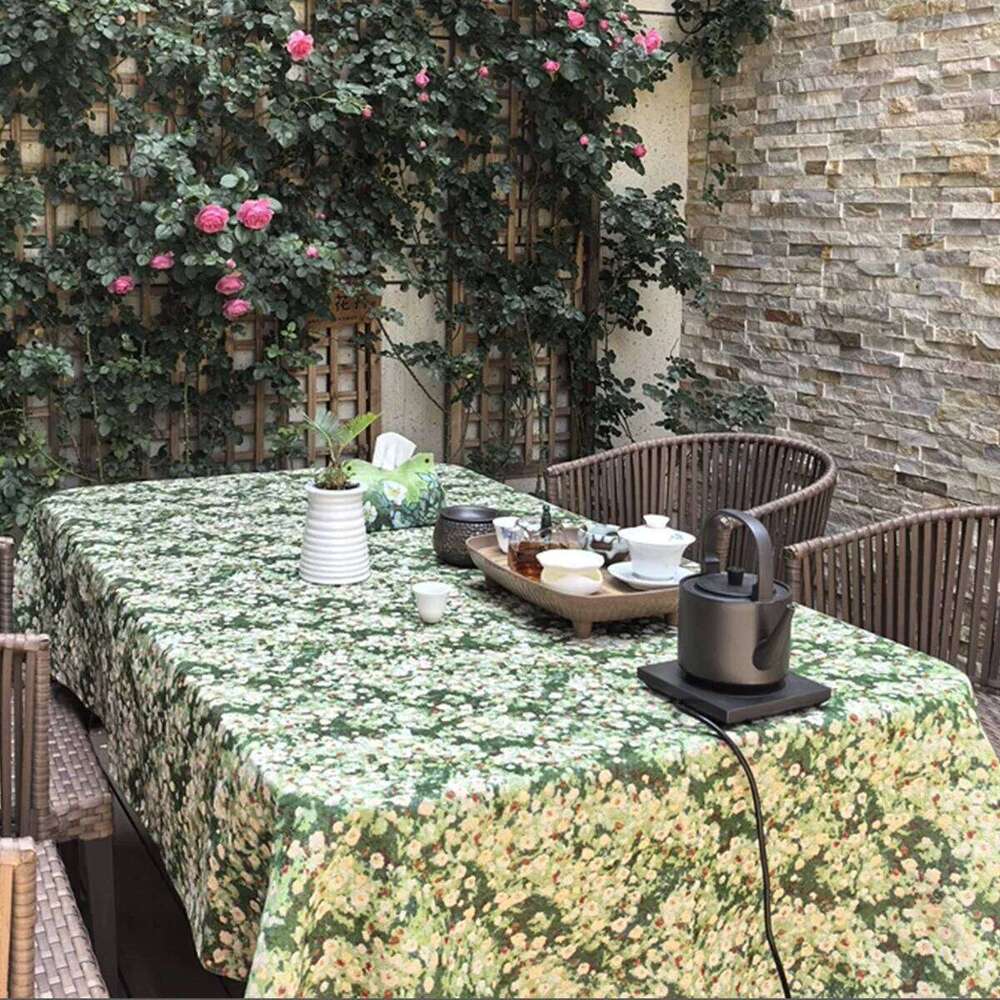 Tablecloth Jacquard Green Grass Pattern Rolled Edge Floral Design For Home Coffee Table And Restaurant Decoration