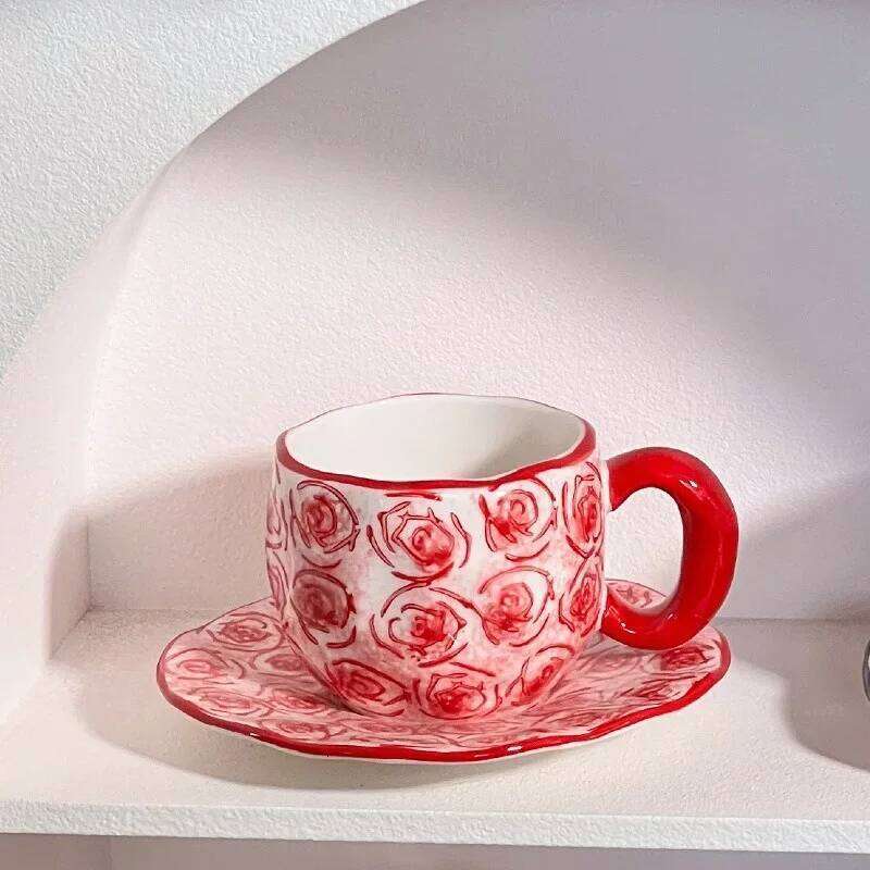 Ceramic Coffee Mug Set Hand-Painted Red Heart Design Irregular Shape with Saucer Drinking Utensils for Office Desk Kitchen Use Outdoor Leisure Thermos