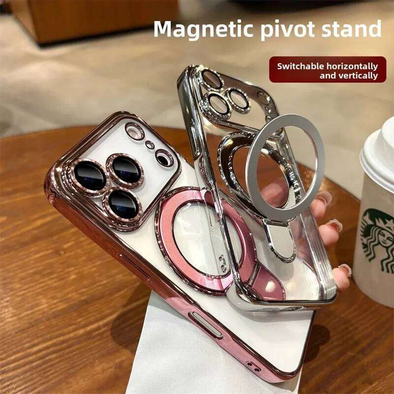 Magsafe Plating Phone Case For iPhone 17 16 15 14 13 12 Pro Max Plus Magnetic Stand Ring Holder Transparent Shockproof Cover - view 4