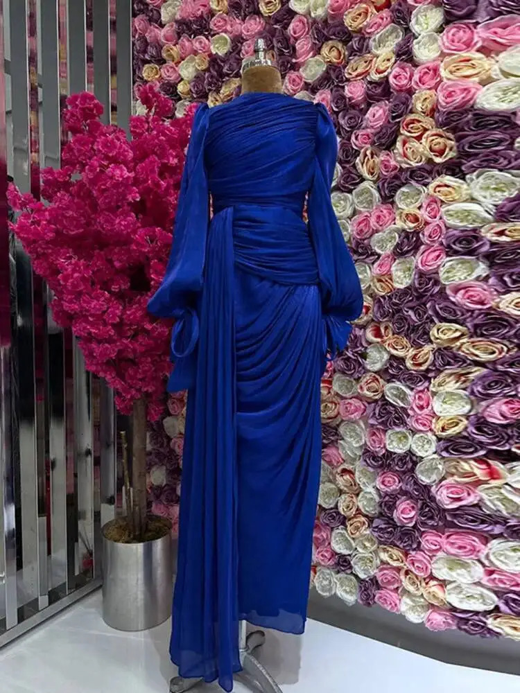 LGRQ 2026 Spring And Autumn Round Neck Pleated Fold Floor Length Party Dress Lantern Sleeves High Waist Vestido 260114