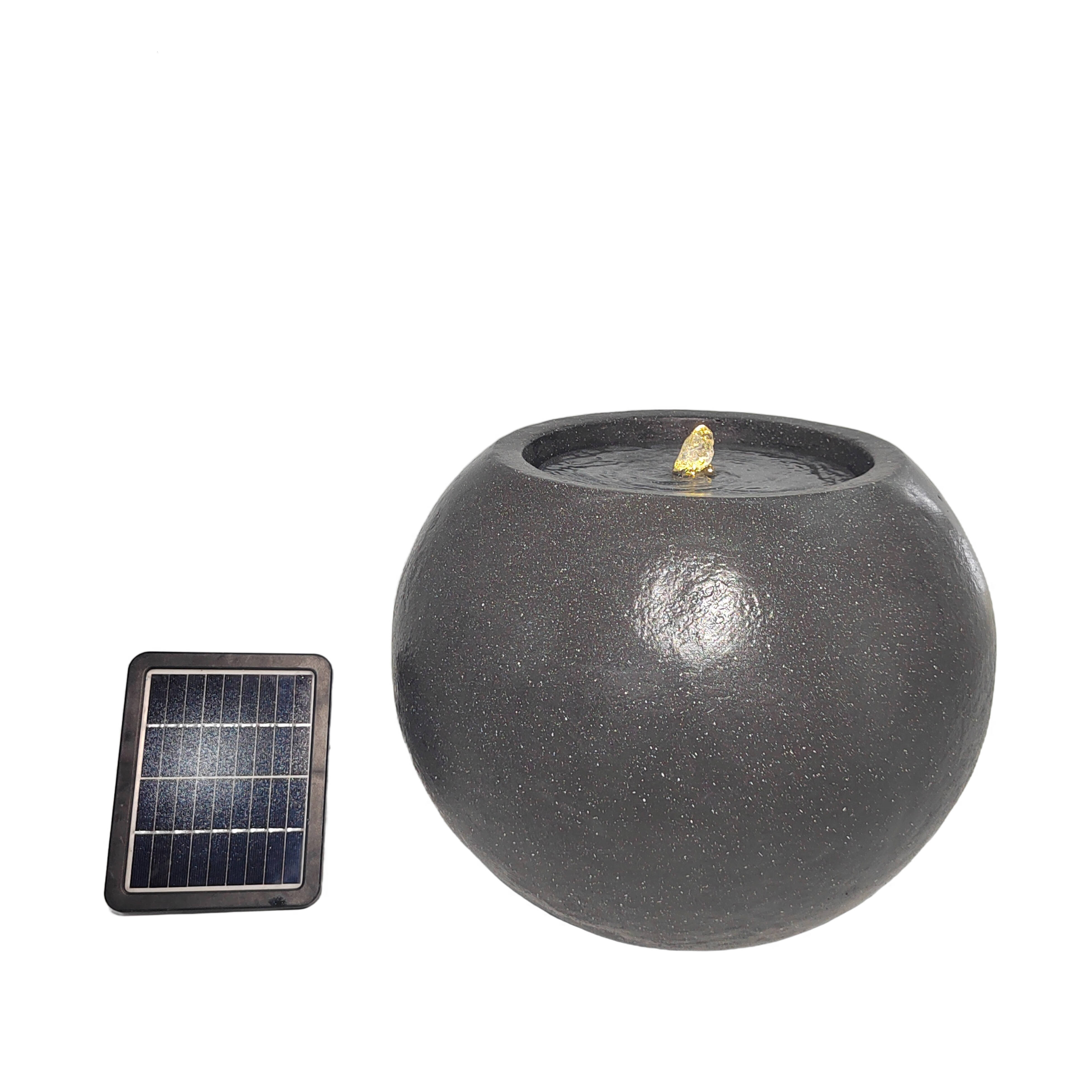 Concise Design Spherical Black Solar Fountain Fiber Stone with LED Lights for Outdoor Garden Decoration