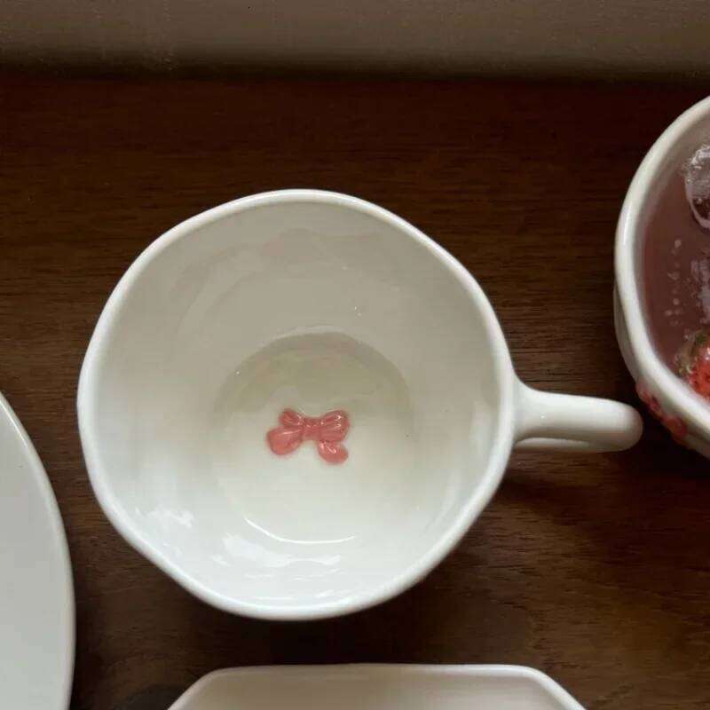 Hand Pinched Coffee Hand-drawn Irregular Underglaze Color Relief Daisy Milk Tea Cup Pink Bow Croissant Oatmeal Breakfast Mug