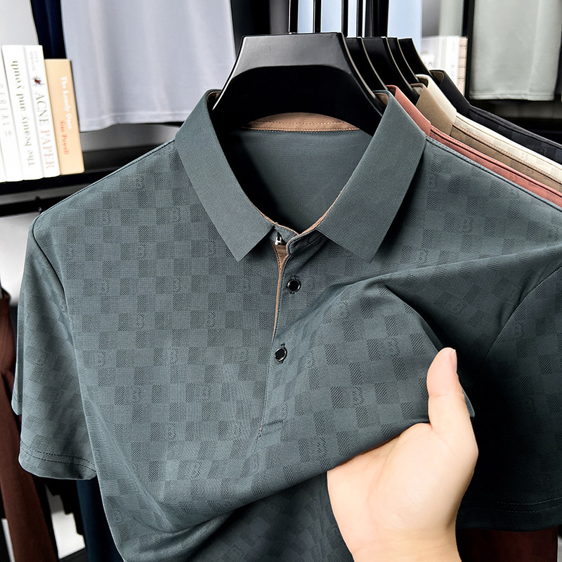 Luxury Brand Designer Clothes Ice Silk Cool Summer Business Casual Printed Short Sleeve T-Shirt For Middle-Aged And Young Men, Turn-Down Collar, Simpl