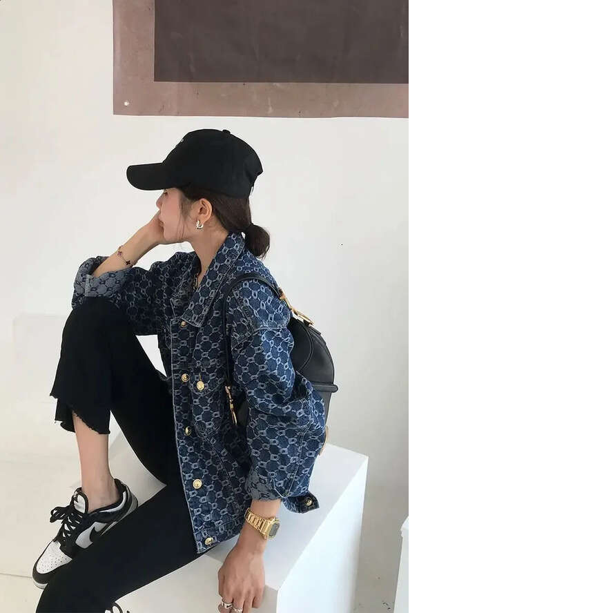 Lanjia- Women Vintage Loose Long Sleeve Print Cotton Jean Jackets Spring Fall Female Casual Blue Denim Jacket Coats Streetwear Outwear 240824