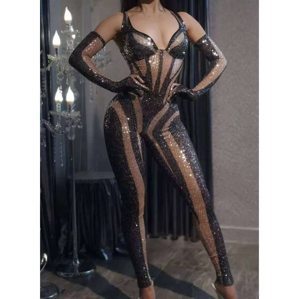 Rhinestones Jumpsuit Women Longsleeve Nightclub Prom Party Outfit Singer Dancerperformance Dance Costume Stage Wear Mdng260115