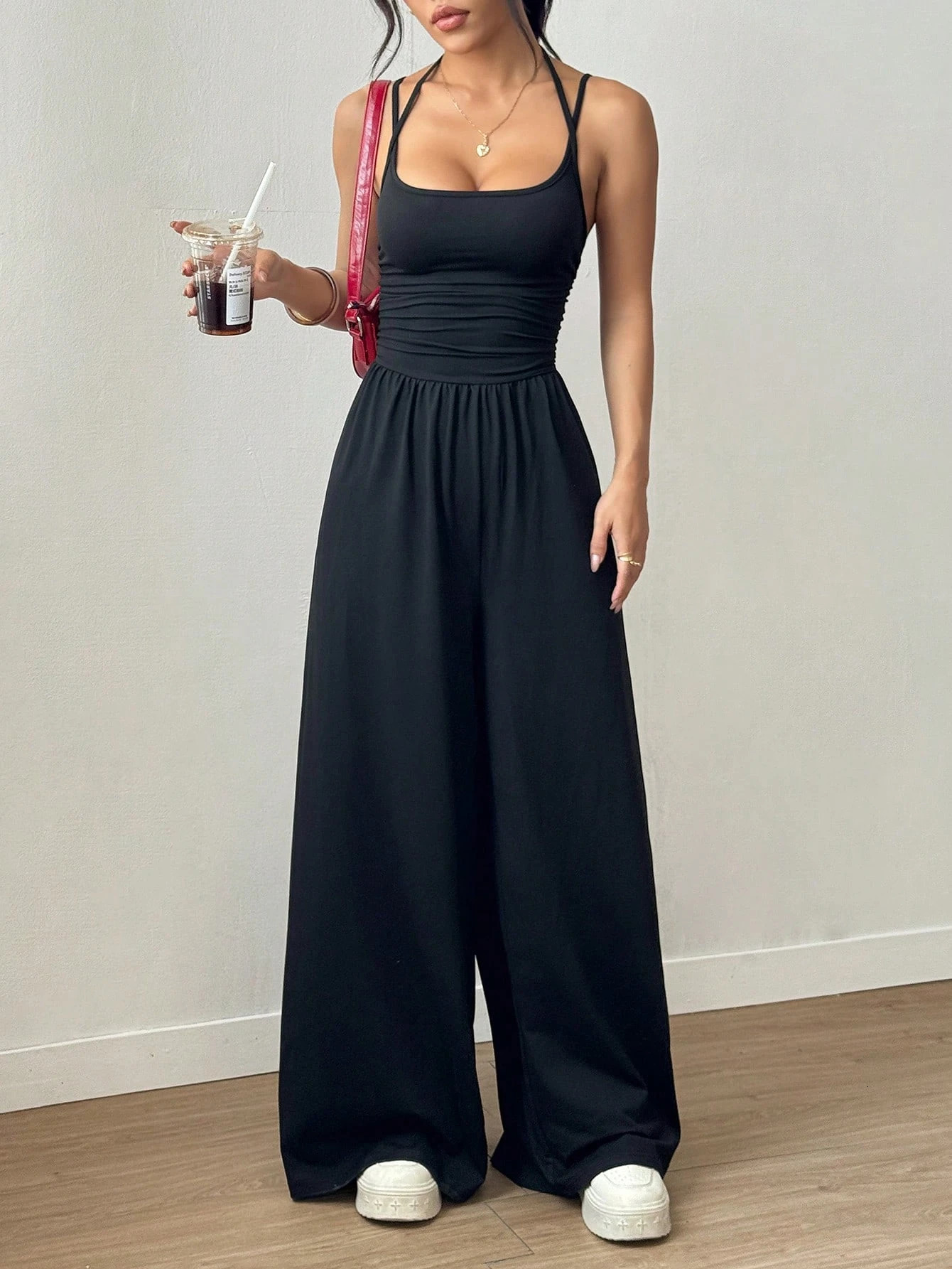 Womens Casual Solid Color Pleating Loose Straight Jumpsuit Aline Backless Halter Neck Slim Cami Streetwear 2025 260114