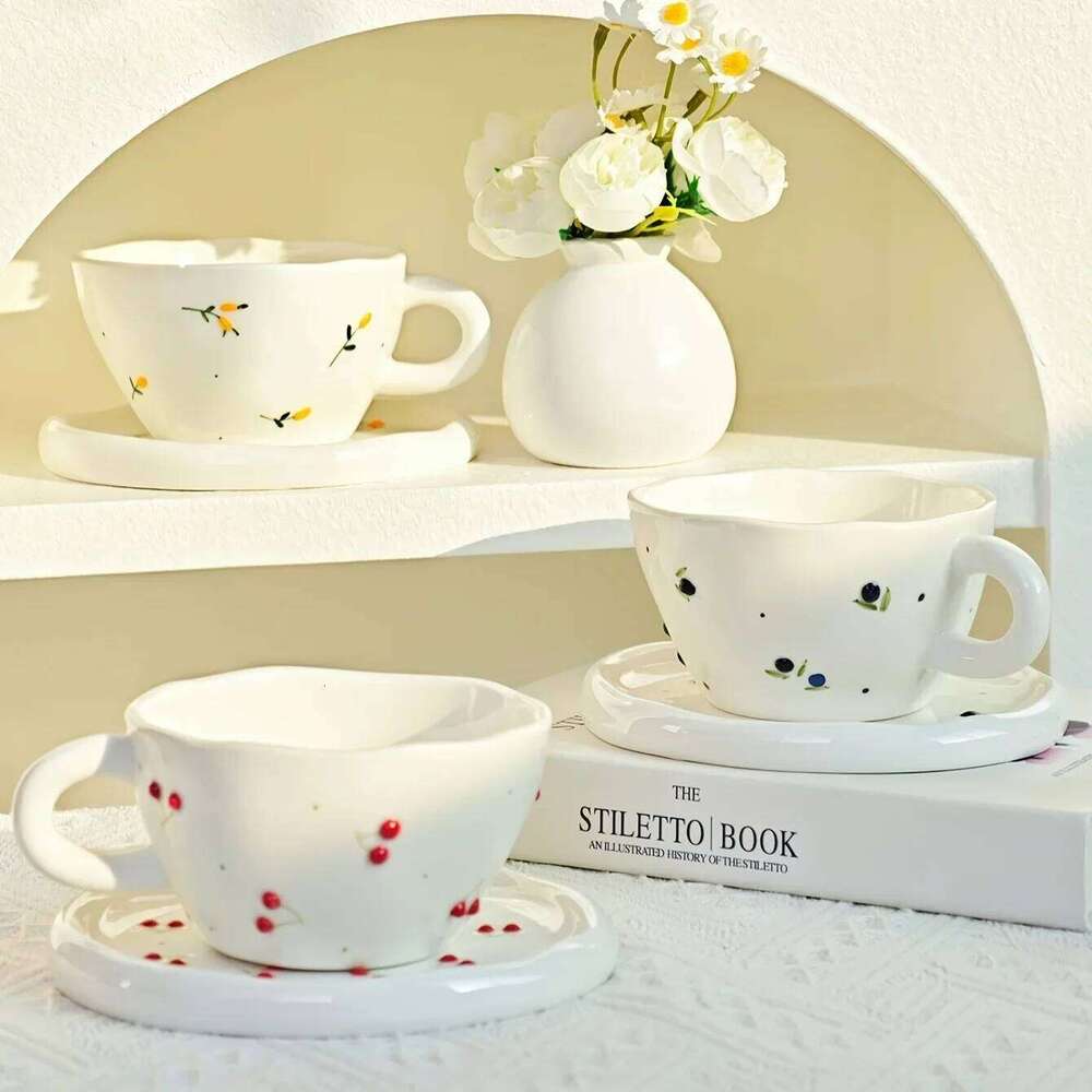 Creative, minimalist, hand drawn, three-dimensional relief cherry blueberry, household ceramic coffee cups and plates
