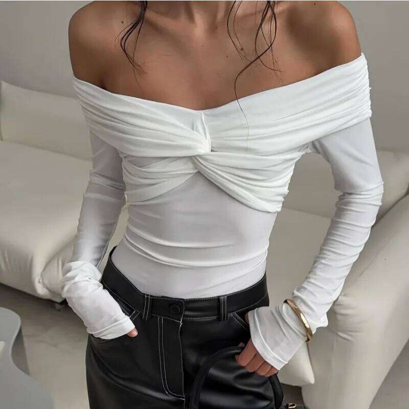 Sexy Off-Shoulder Tops Women's White Ruffled Twist Patchwork Long Sleeve Fashion Backless Summer Party Y2k New Top
