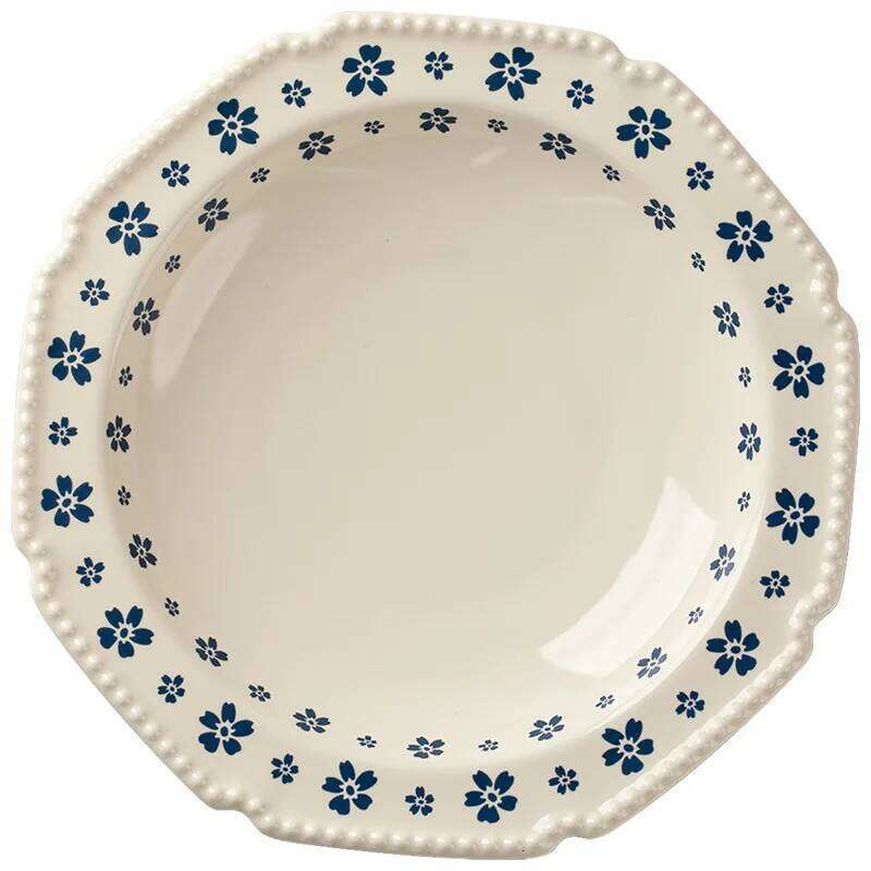 1PC Ceramic Tableware Retro Blue Cherry Blossom Household Rice Vegetable Plate Niche Set Cute Bowl