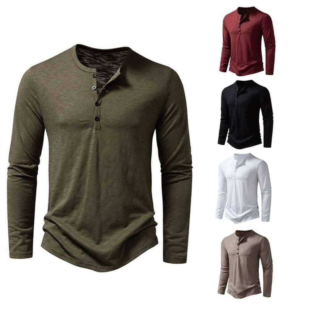 Men's Cotton Henley neck Shirt Long Sleeve Casual Button Solid color Fashion T-Shirts