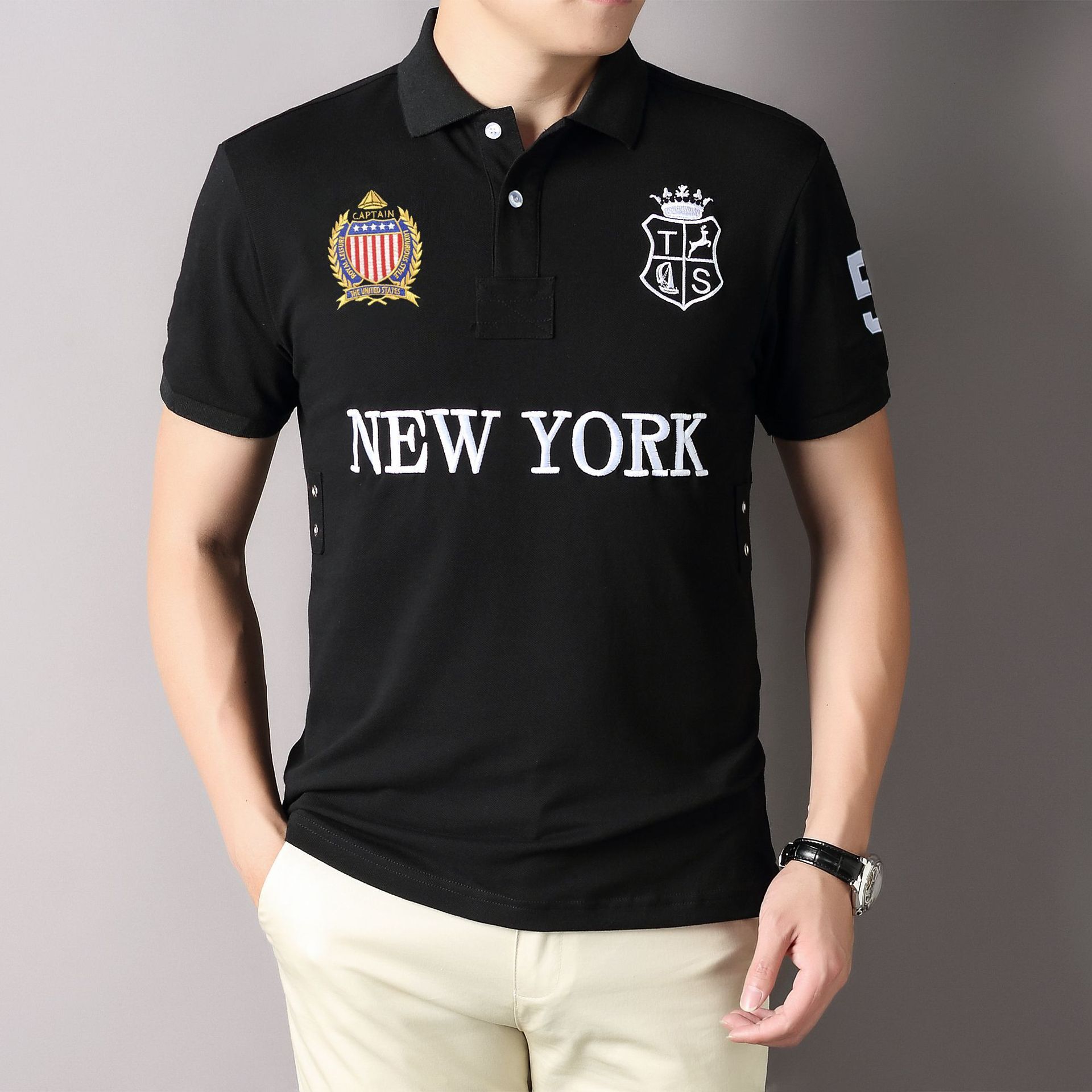 New Polo Shirt for Men Cotton Embroidered Short Sleeve Black New York Casual Sports Cross-Border Simple European and American Style Slim Fit Plus Size
