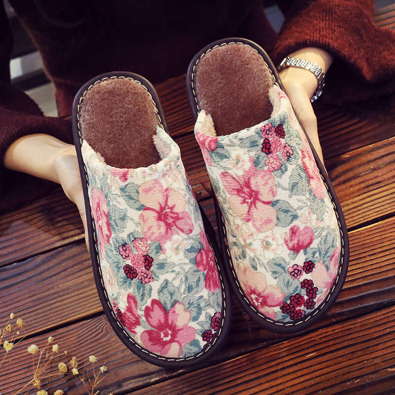 New Cotton Slippers National Style Warm Winter Linen Surface Home Use Couple Non-Smelly Feet Flat Soft Sole Non-Slip Maternity Shoes