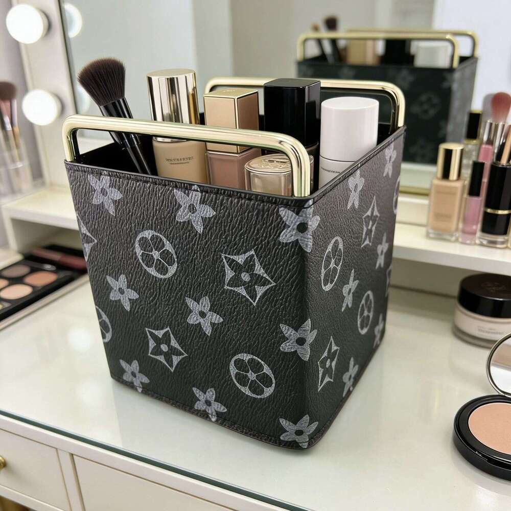 New Retro Desktop Leather High-End Light Luxury Makeup Brush Remote Control Pen Holder Stationery Miscellaneous Storage Box 26W0115