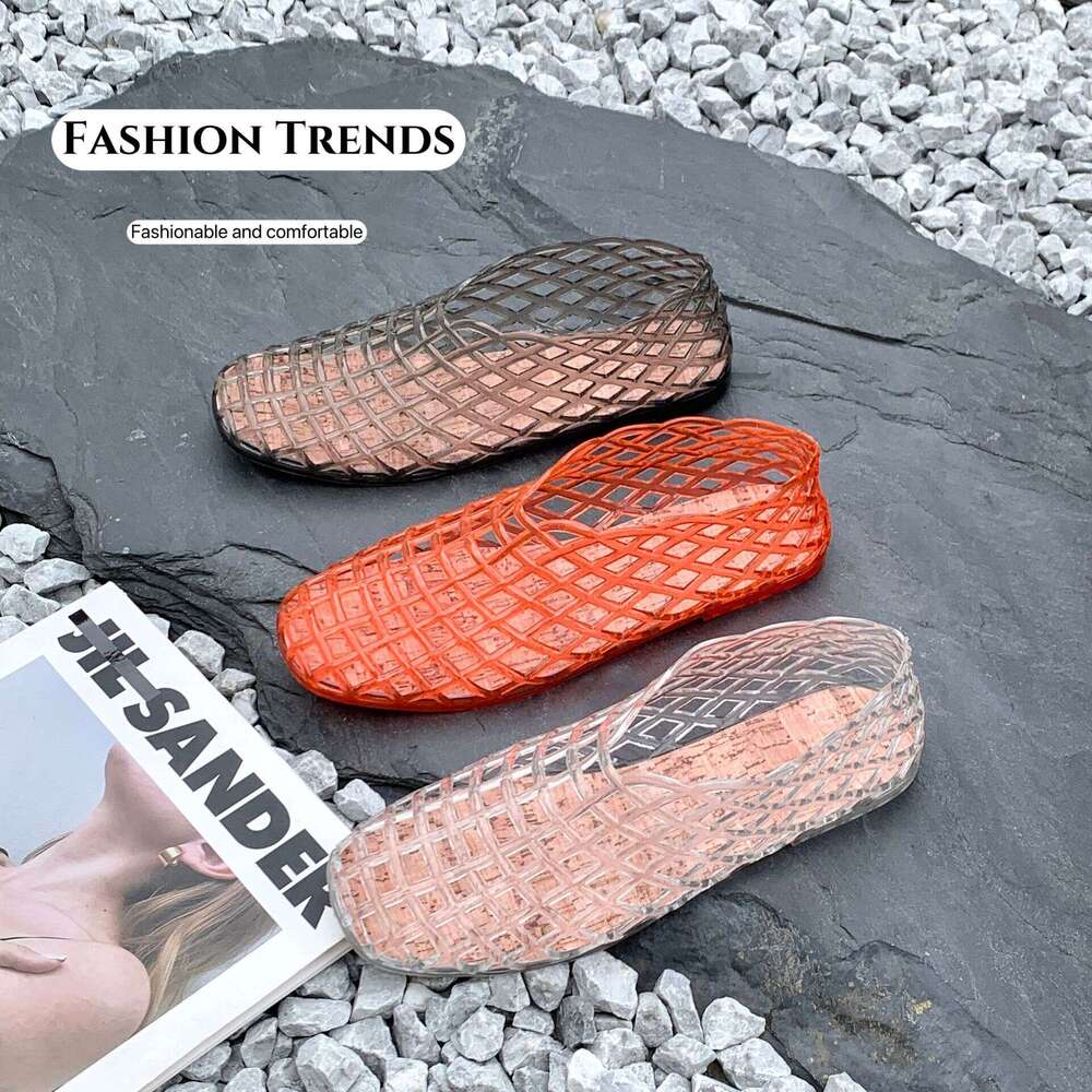 New Style Mesh Free Shipping Crystal Jelly Sandals Hollow 2025 Beach Flat Comfortable Slip-On Women's Closed-Toe Shoes