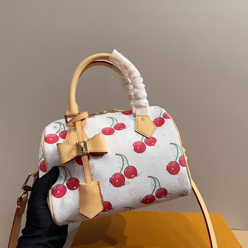 Women Designer Cherry Old Flower Pillow Tote Bags Zipper Pouch With Bowknot Charms Lock Handbag Removable Separable Strap Crossbody Makeup Shoulder Purse 20x15cm