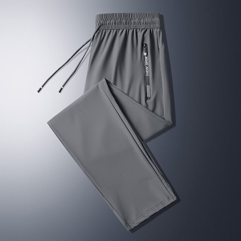 Men's Summer Lightweight Ice Silk Pants, Quick-Drying with Zipper Pockets, Versatile Loose-Fitting Casual Tapered Sports Trousers