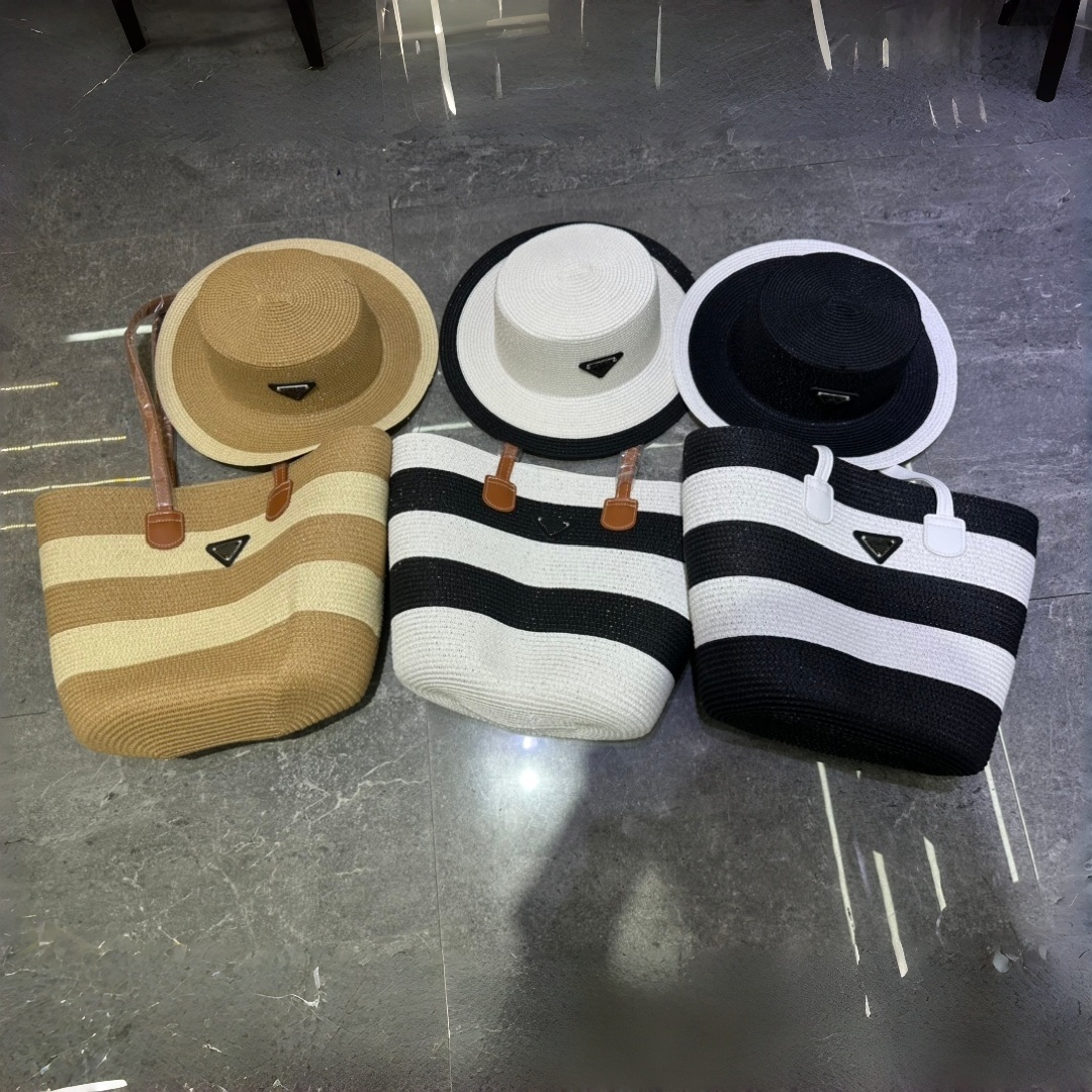 Designer Letter-patterned Beach Hat and Beach Bag Two-piece Set for Women, Large Capacity, Color-Block Design, Straw Hat Handbag