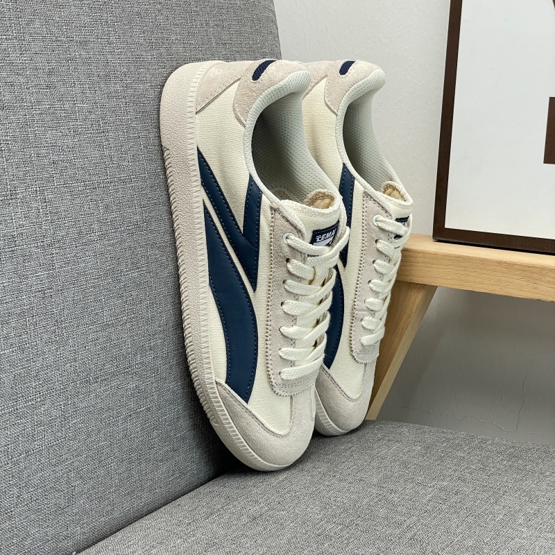 TEMAI 2026 New Arrival Unisex Low-Top Casual Sneakers Beige & Navy Blue Canvas Suede Upper Vintage Style Striped Detail Comfortable Breathable