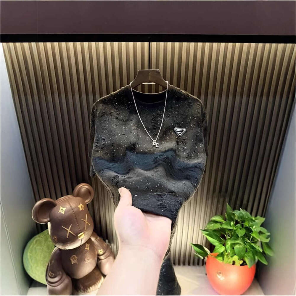 Ripped Starry Sky Men's Short Top Hot-Selling Light Luxury High-End Meteor Half Sleeve Round Neck Trendy Fashion