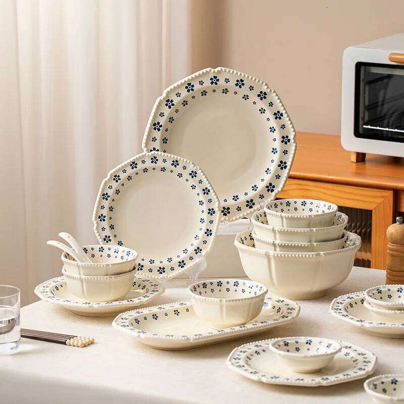 1PC Ceramic Tableware Retro Blue Cherry Blossom Household Rice Vegetable Plate Niche Set Cute Bowl