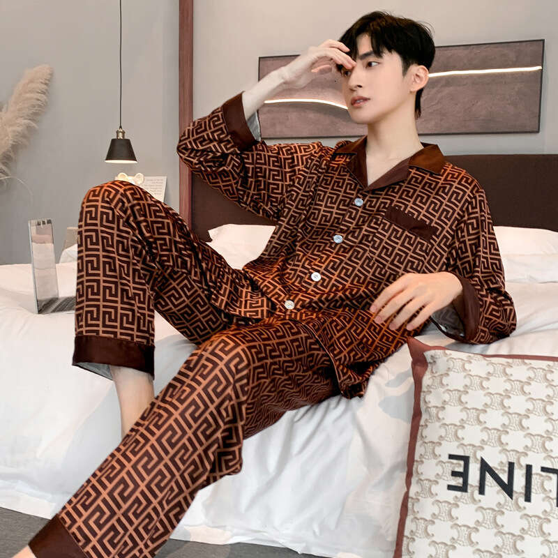 Silky Thin Ice Pajamas For Men Spring Autumn Summer High End Imitation Silk Four Seasons Long Sleeve Homewear Set