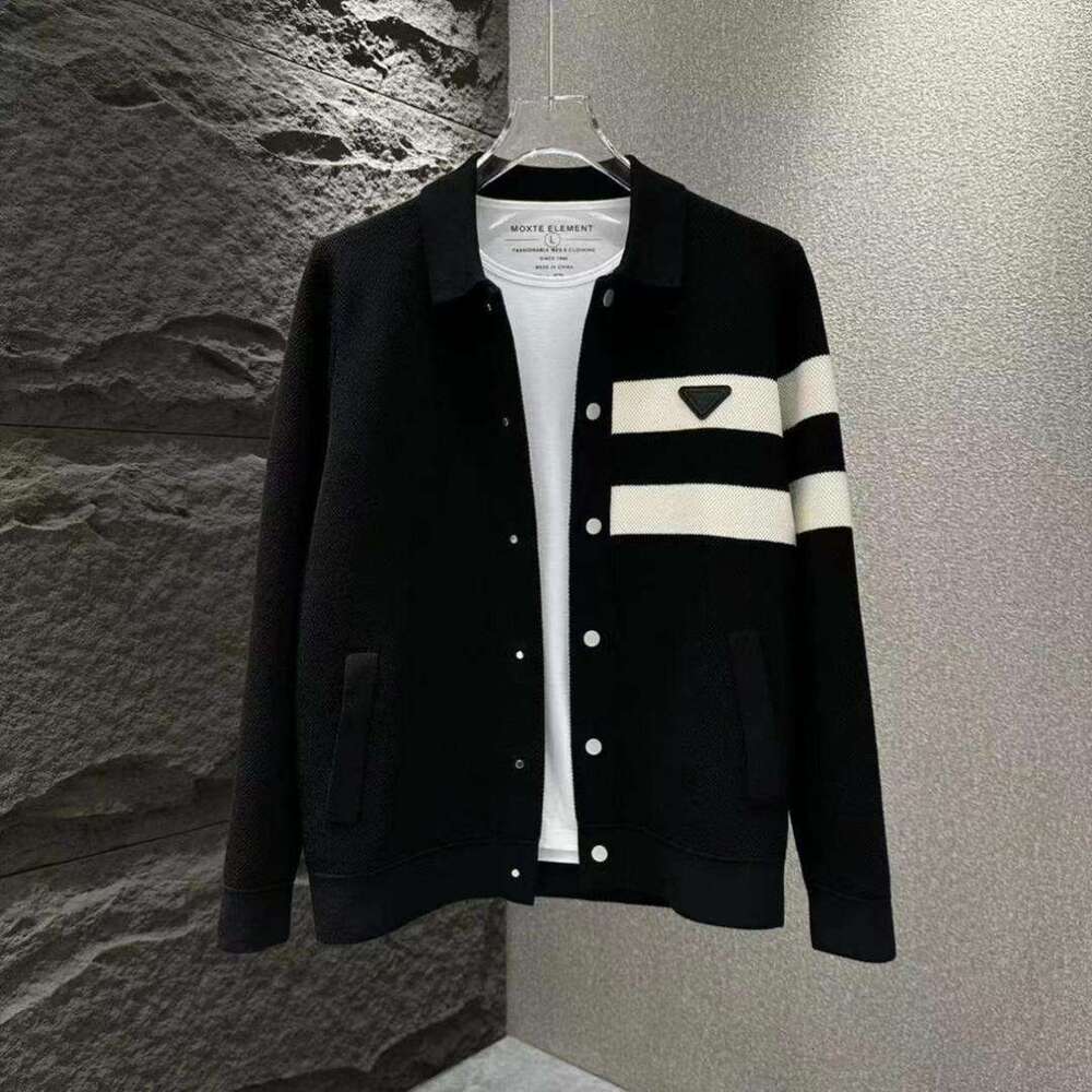 Autumn New Men's Fashion High Elastic Knitted Jacket Turn-Down Collar Simple Sweater Trendy Black And White Striped Top