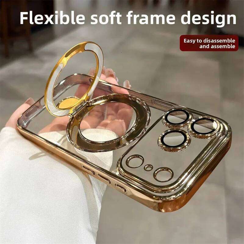 Magsafe Plating Phone Case For iPhone 17 16 15 14 13 12 Pro Max Plus Magnetic Stand Ring Holder Transparent Shockproof Cover - view 7