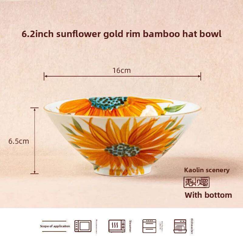 Kitchen Tableware Ceramic Rice Bowl with Bamboo Hat Design Underglaze Colouring Suitable for Home Dining and Outdoor Picnics