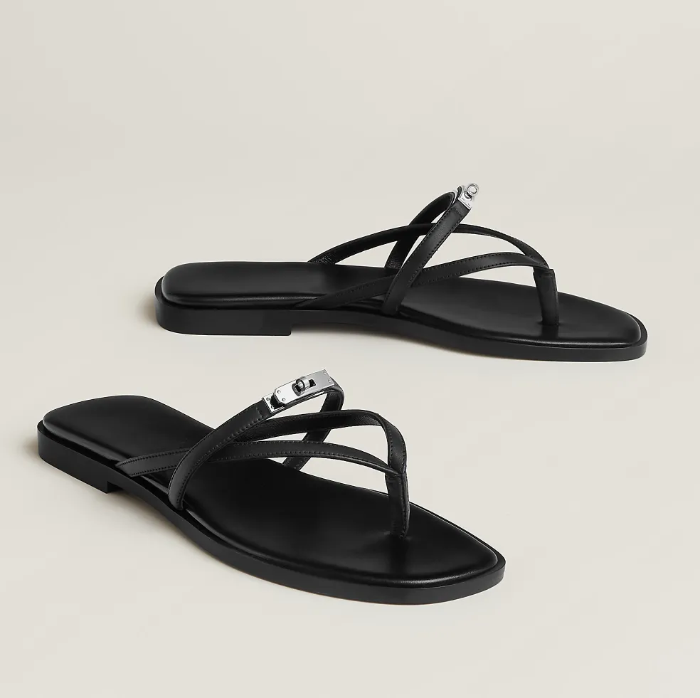 Summer Luxury Women Miss Sandal Flats Calfskin Leather Palladium-plated Buckle Flip Flop Comfort Daily Wear Lady Beach Walking EU35-43