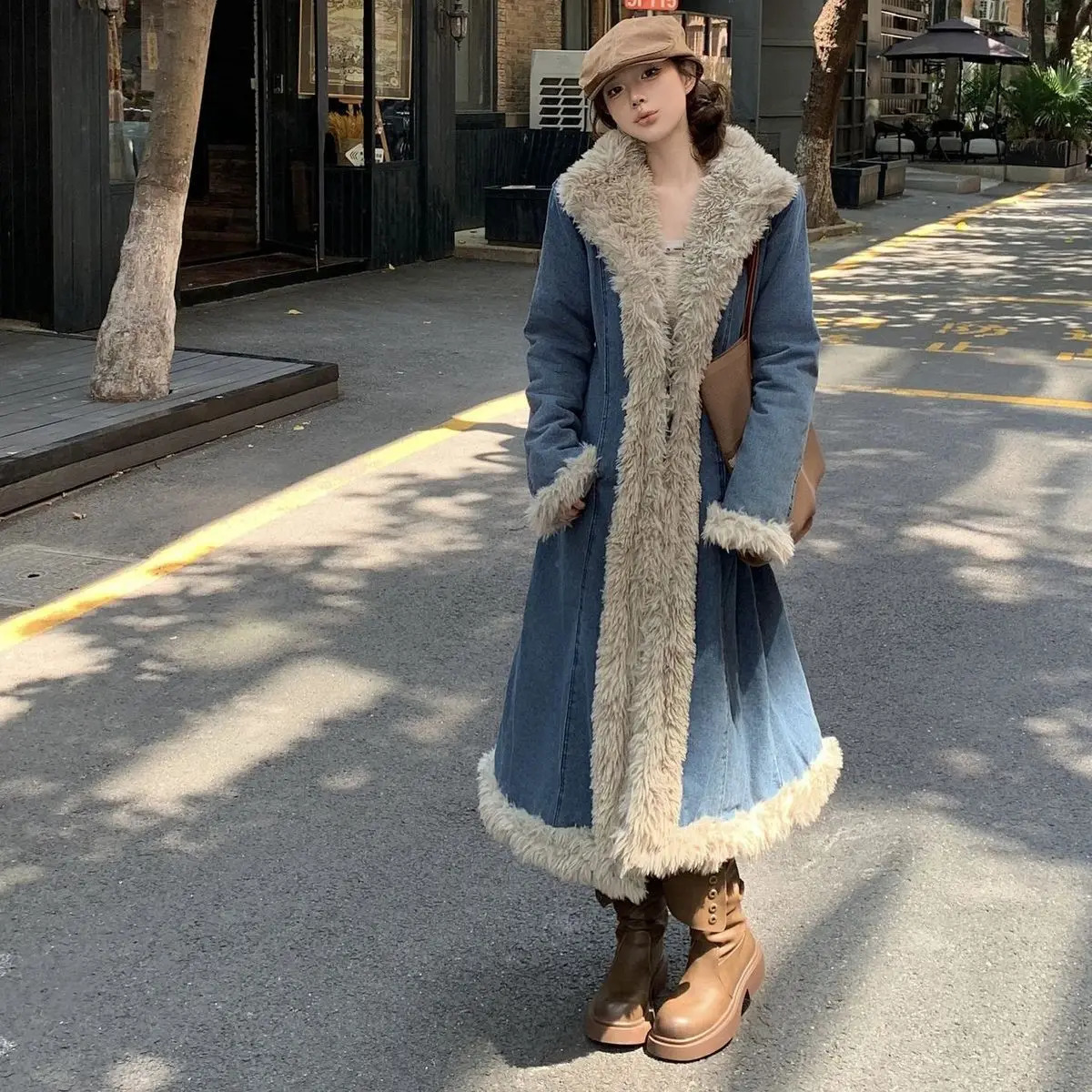 Women Faux Fur Edge Denim Jacket Winter Cotton Liner Jeans Trench Coat Cashmere Turn Down Collar Cowboy Windbreaker Cardigan 260114