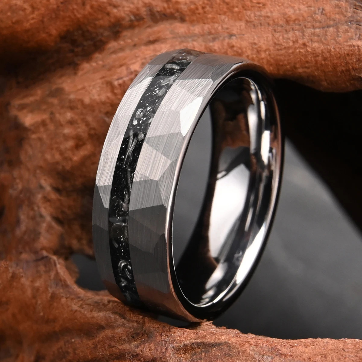 8mm hammered inlaid meteorite fragment tungsten ring mens wedding band ring comfortable fit jewelry accessories gift 260104