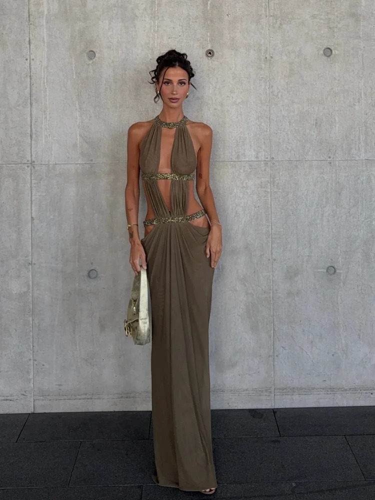Sexy Hollow Out Sequin Halter Dress Women Sleeveless Off Shoulder Backless Pleated Maxi Dresses 2026 Lady Evening Party Gown 260109