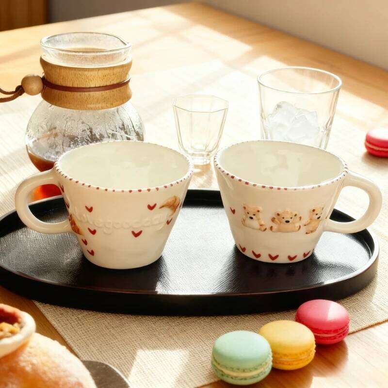 Hand Pinched Ceramic Mugs Hand-drawn Underglaze Color Relief Irregular Bear Milk Tea Cup Waffle Croissant Oatmeal Breakfast Mug