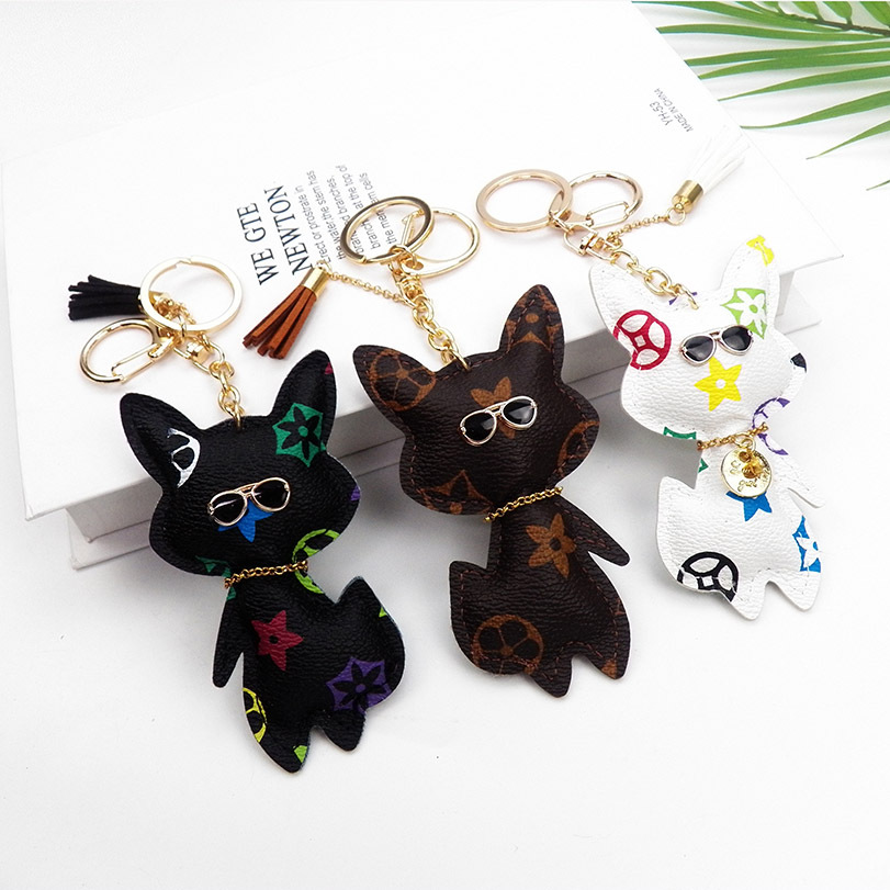 Free Shipping 2026 Fox Shaped Leather Keychain, Monogram Bag Charm with Glasses & Pom Pom, Cute Animal Keyring Accessory - view 7