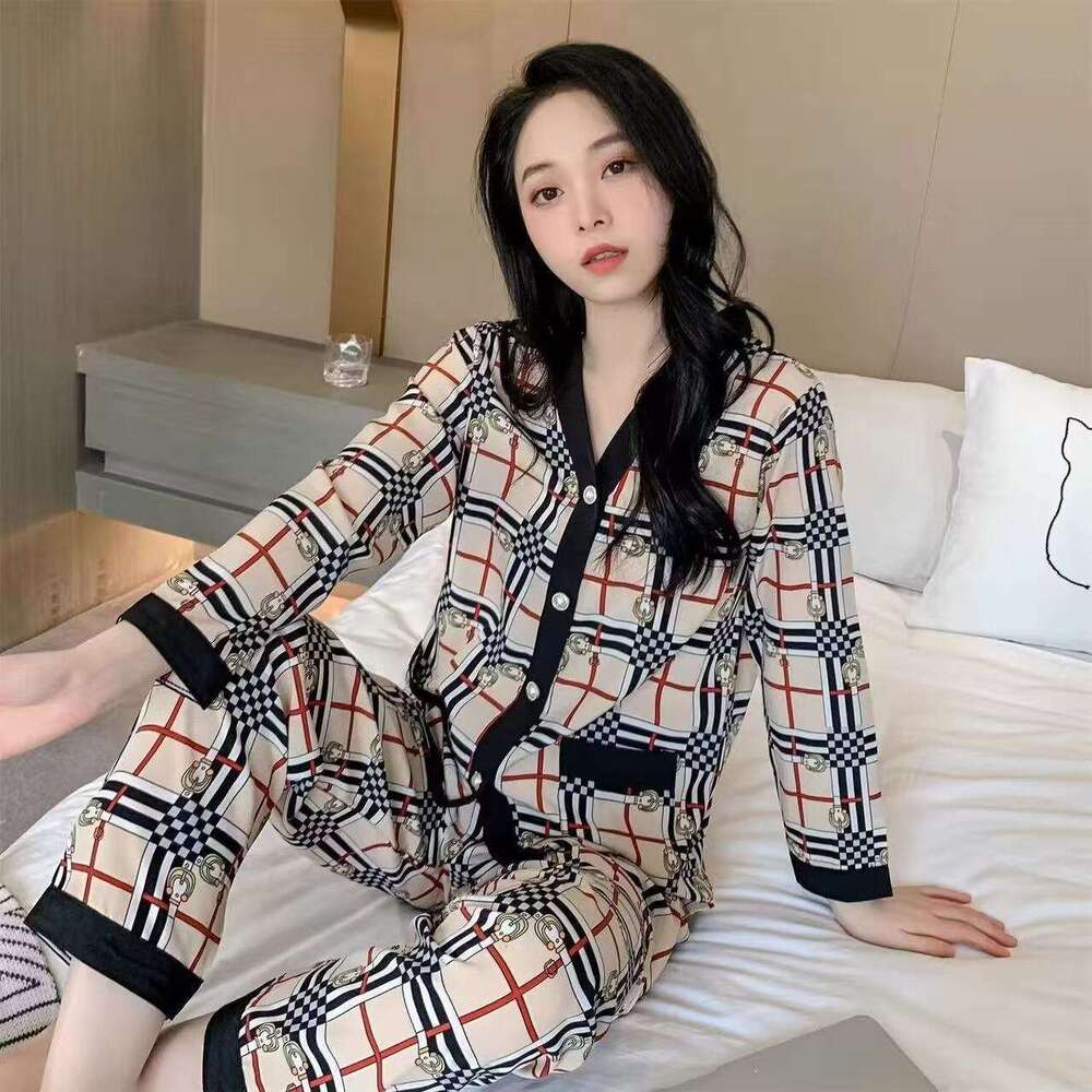 Pajamas for Women Spring and Autumn Korean Style Cardigan Sweet Outerwear Sleeve Long Pants Ice Silk Ins Home Wear Set Summer