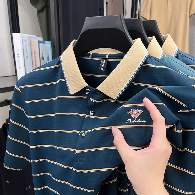 Luxury Brand Designer Clothes Business Casual Mens T-Shirt For Middle-Aged And Elderly Fathers Short Sleeve Striped Turn-Down Collar Base Shirt Summer