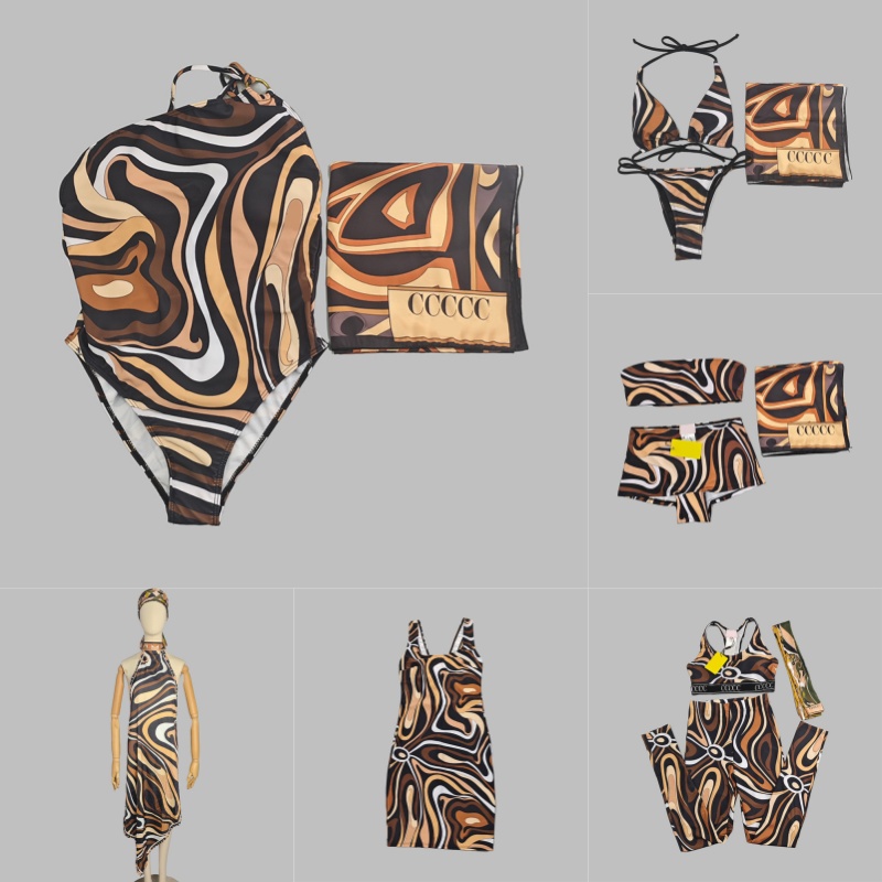 Luxury Vintage Brown Swimwear Bikinis Women Designer Printed Swimsuits With Scarf Beach Vacation Sexy Bikini Set Charming Slim Fit Dresses