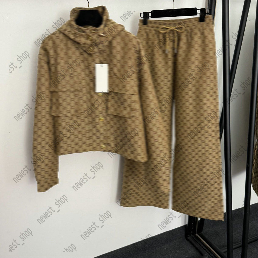 Europe designer womens tracksuits luxury sport suit 2 piece sets women gold buckle long sleeved hooded zipper jacket casual High waisted wide leg pants