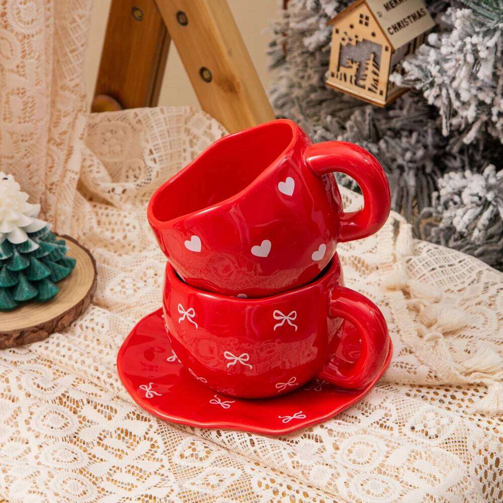 1pc ceramic coffee with dish, cute bow and heart-shaped design, handmade irregular matcha tea cup