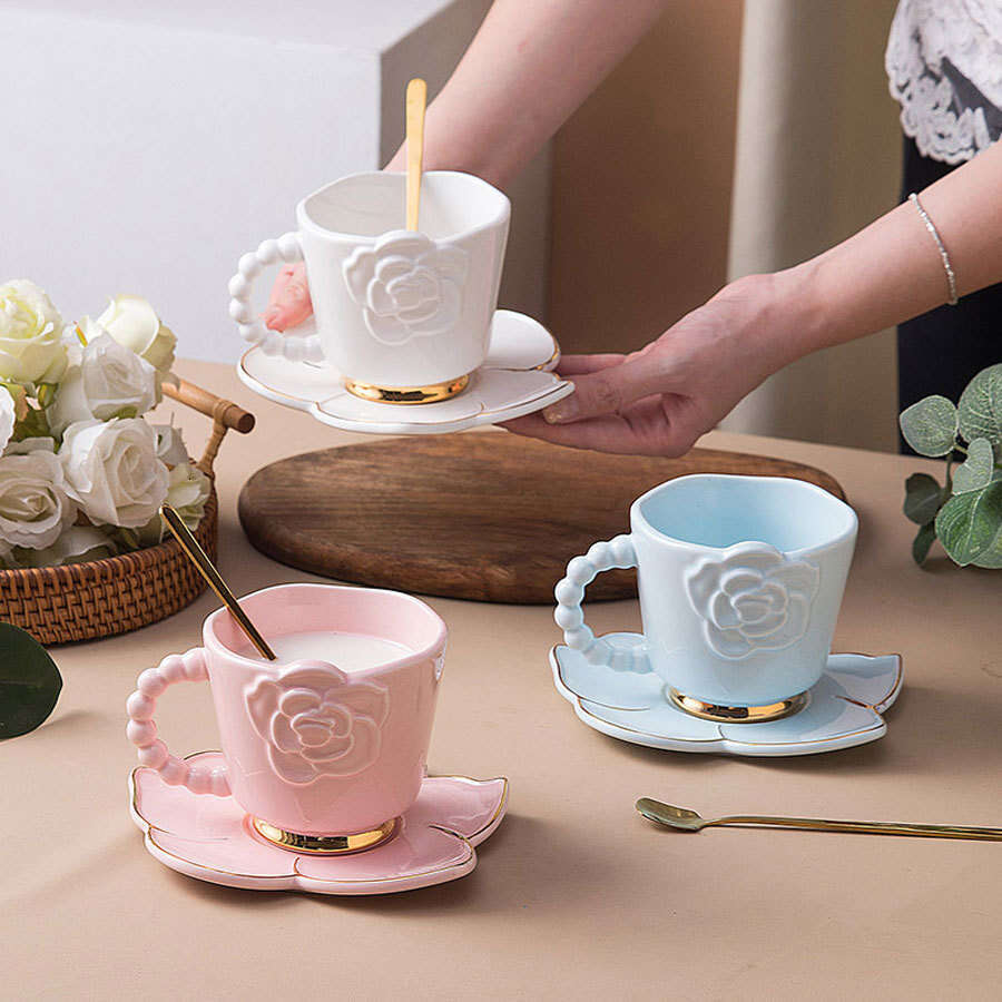 Ceramic Coffee Mug Drinking Vessel, Handmade Creative Floral Camellia Artisan Tea Cup with Saucer in Blue Pink White, Decorative Afternoon Tea Set Gif