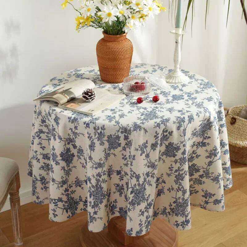 Linen Cotton Tablecloth Pastoral Floral Rustic Washable Round Table Cover For Farmhouse Decor,Picnic,Tabletop Decor