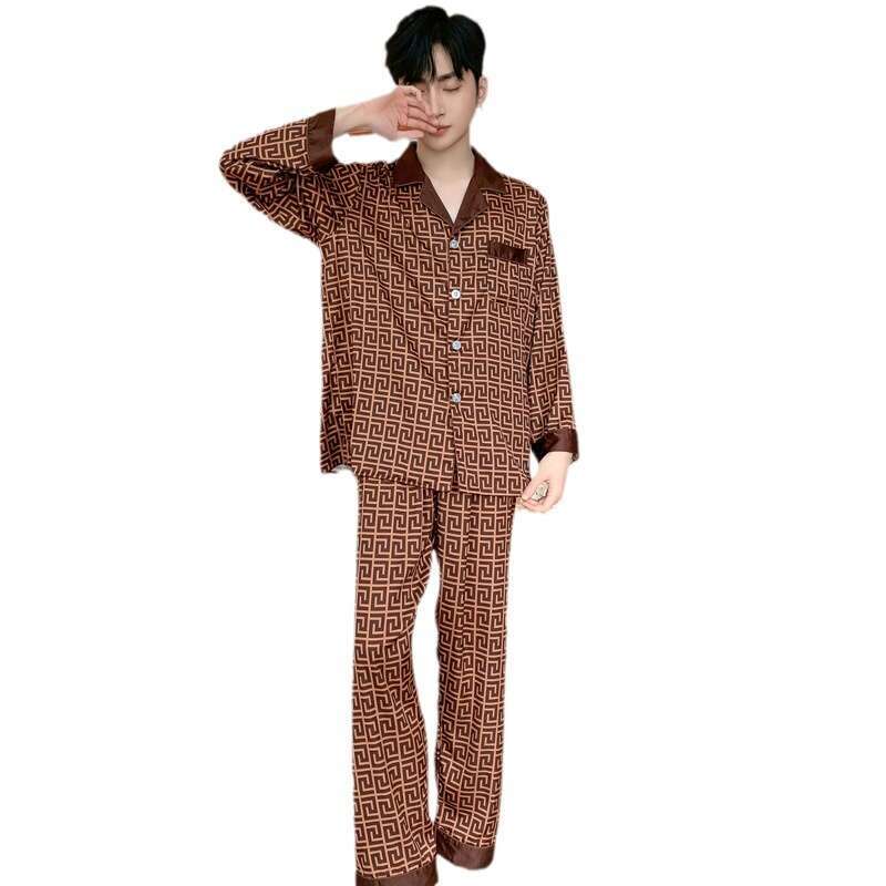 Silky Thin Ice Pajamas For Men Spring Autumn Summer High End Imitation Silk Four Seasons Long Sleeve Homewear Set