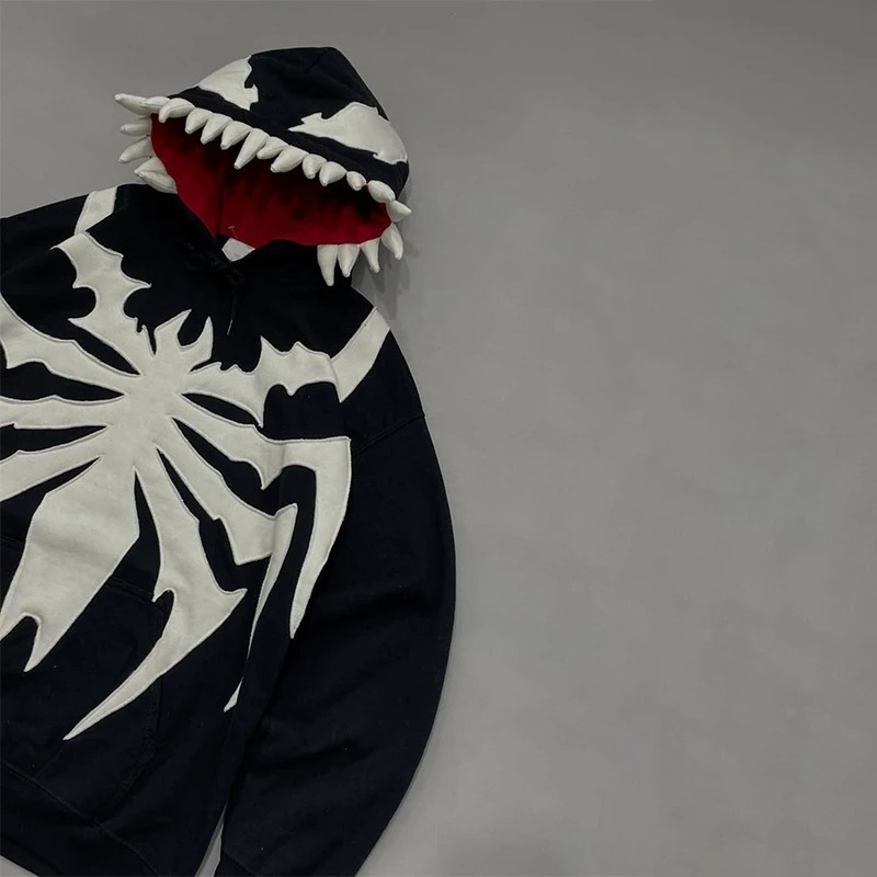 White Spider Pattern Teeth Hood n Oversized Long Sleeves Gothic Hoodie Y2K Men Women Fashion Casual Streetwear Sweatshirt 251231
